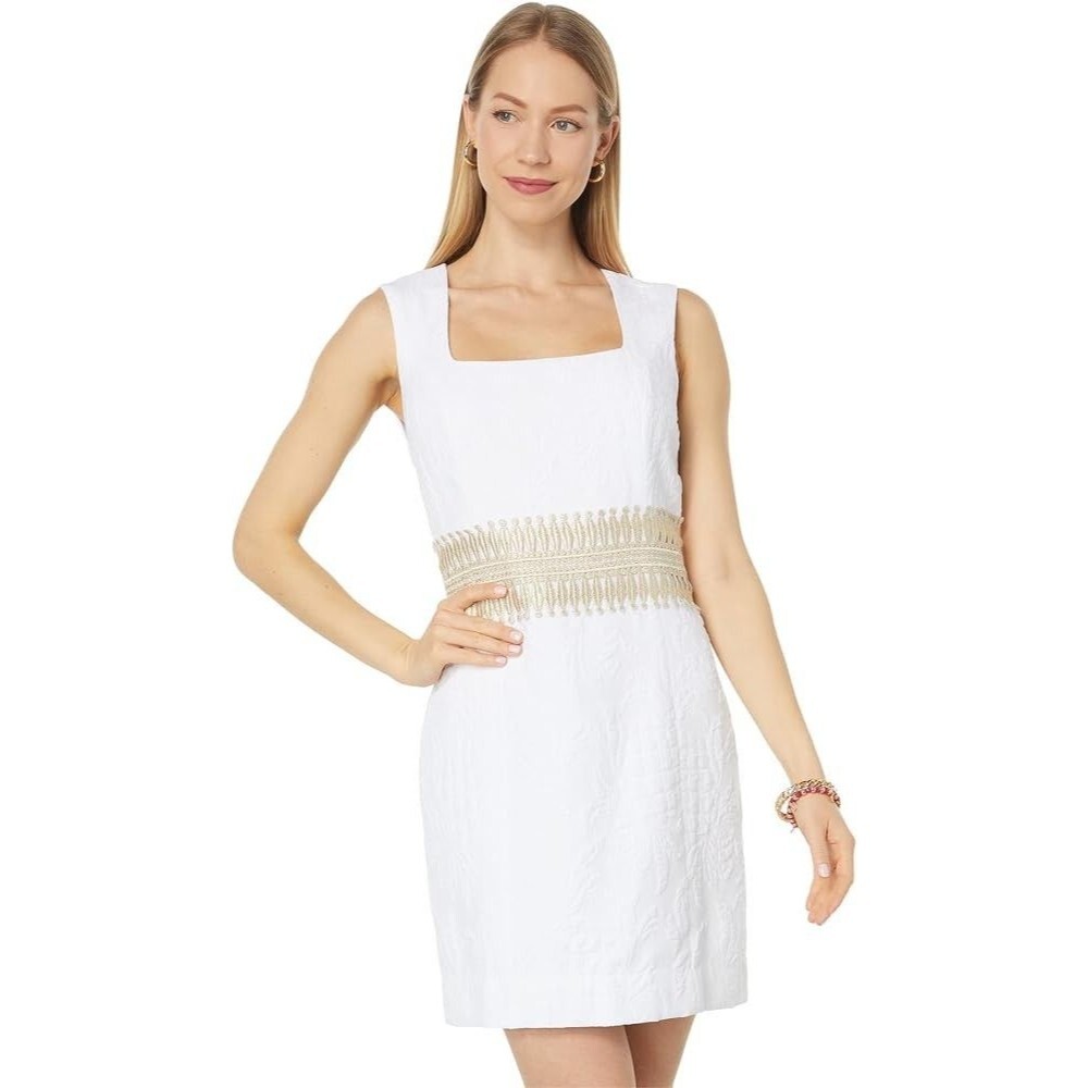Lilly Pulitzer Rubina Stretch Dress Sz 16 White Floral Jacquard Gold Trim EUC - Picture 13 of 13